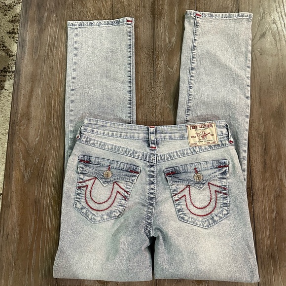 True Religion Light Blue Straight Leg Jeans with red stitching - Picture 1 of 8